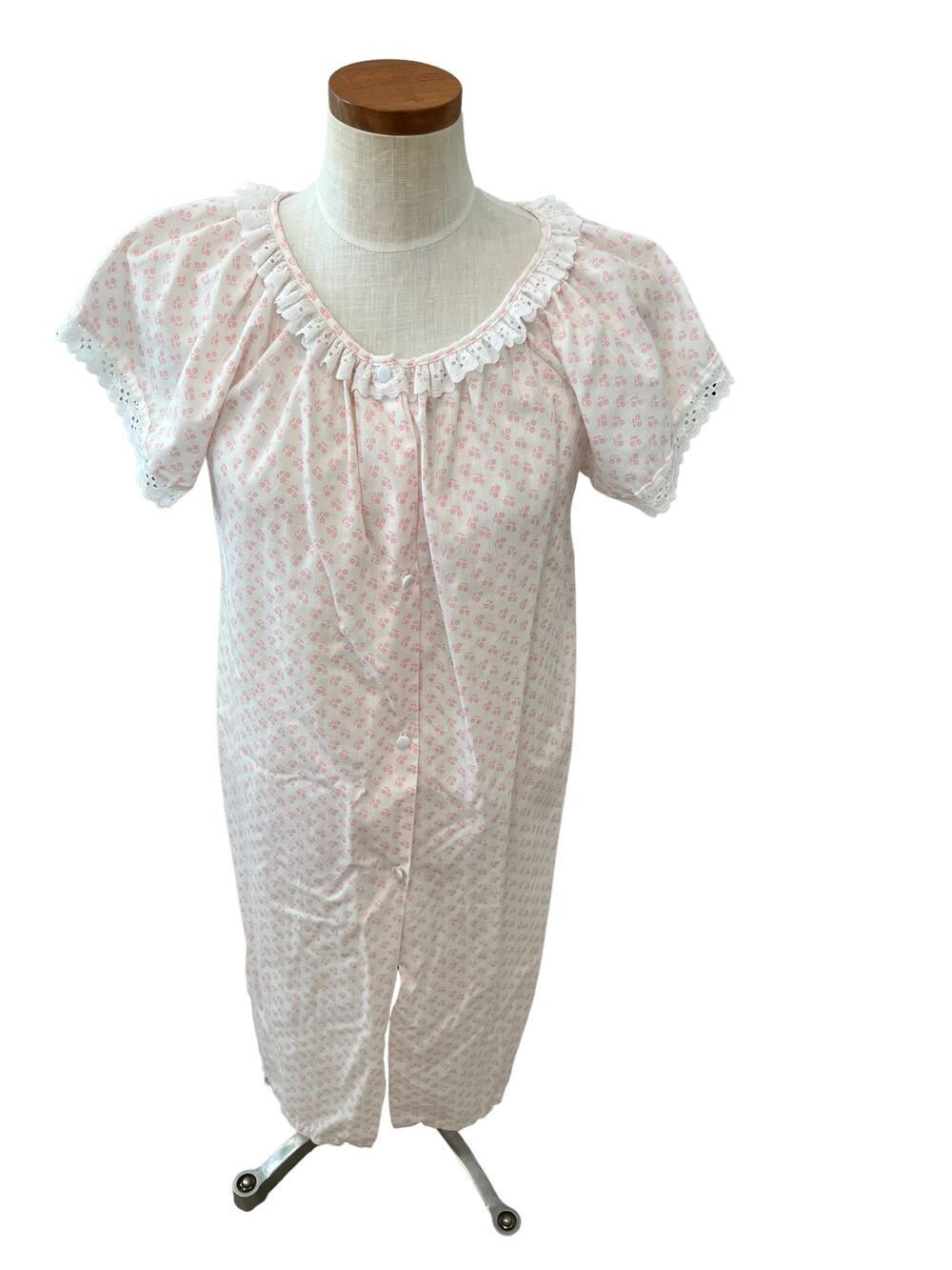 Vintage 60s 70s White Eyelet and Pink Floral Nightgown